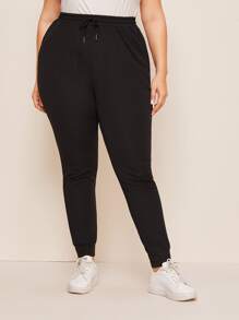 Flirla Plus Drawstring Waist Solid Trousers - Black - View 3
