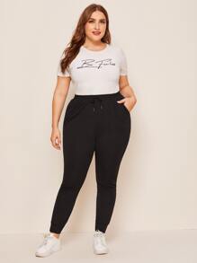 Flirla Plus Drawstring Waist Solid Trousers - Black - View 5