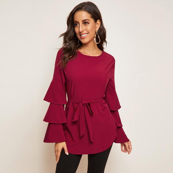 

Layered Sleeve Self Tie Blouse, Burgundy