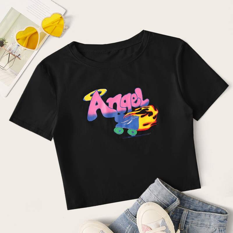

Letter & Graphic Pattern Tee, Black