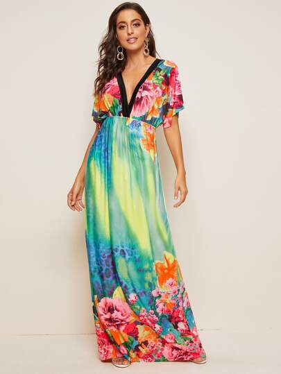 Plunging Neck Floral Print Maxi Dress