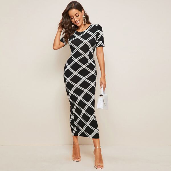 

Plaid Bodycon Longline Dress, Black