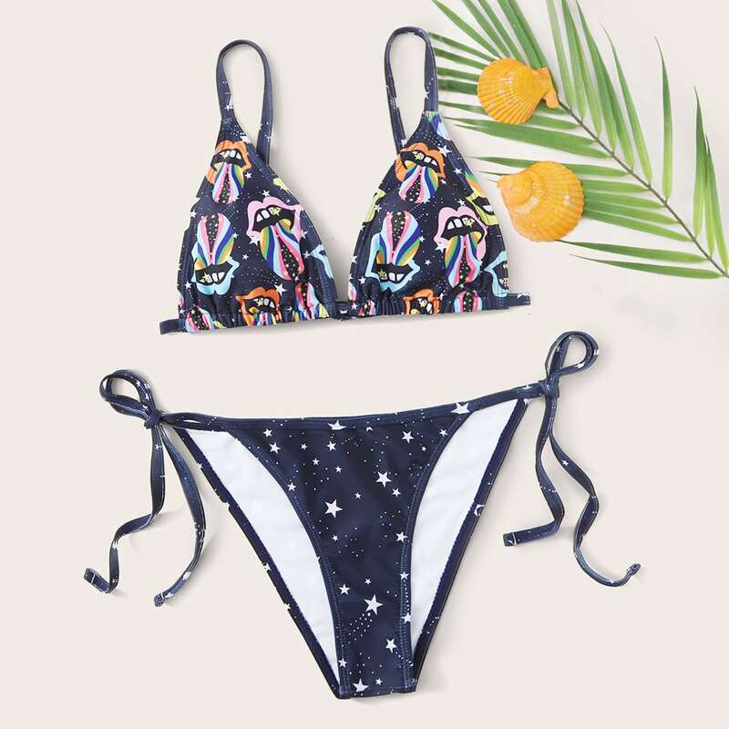 

Mouth & Star Print Triangle Tie Side Bikini Swimsuit, Multicolor