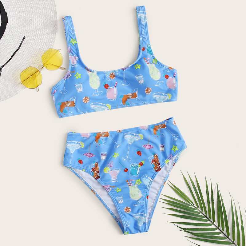 

Juice Random Print High Waisted Bikini Swimsuit, Blue