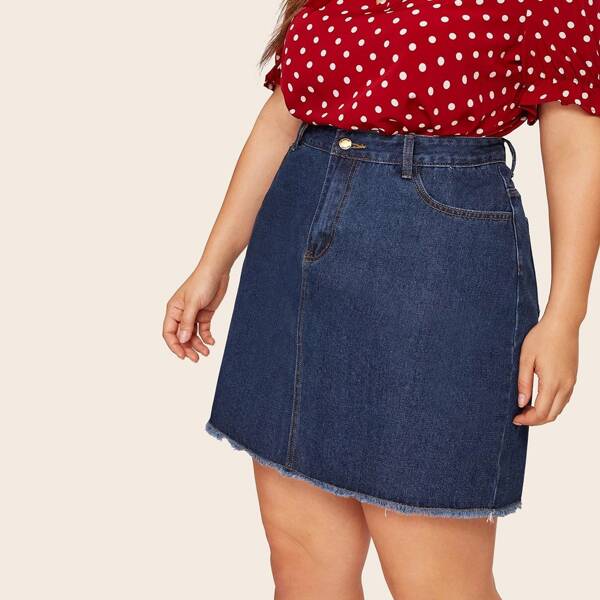 

Plus Raw Hem Slant Pocket Denim Skirt, Navy