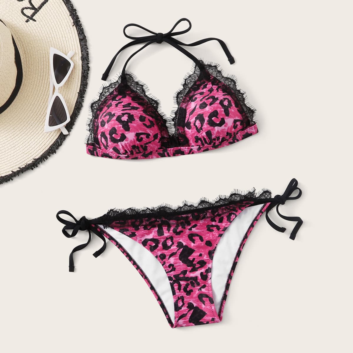 

Leopard Lace Trim Halter Tie Side Bikini Swimsuit, Multicolor