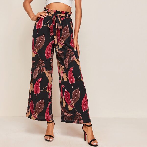 

Tropical Print Paperbag Waist Wide Leg Pants, Multicolor