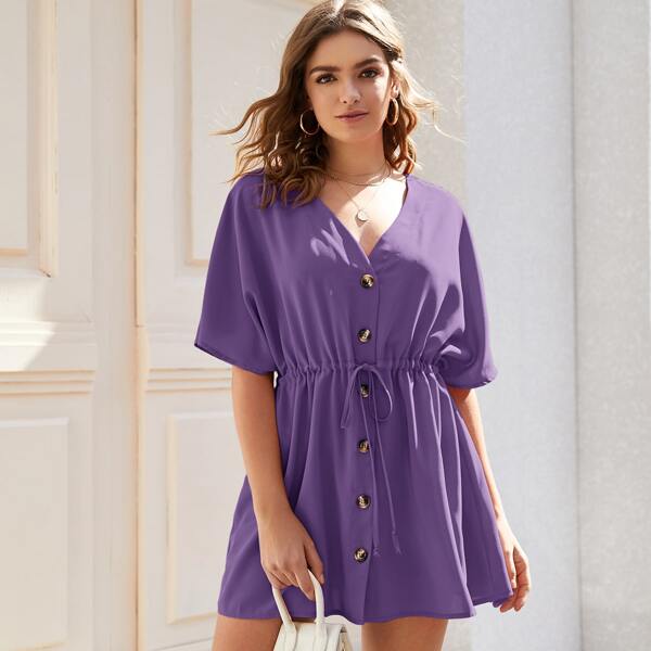 

Button Up Drawstring Waist Dress, Purple