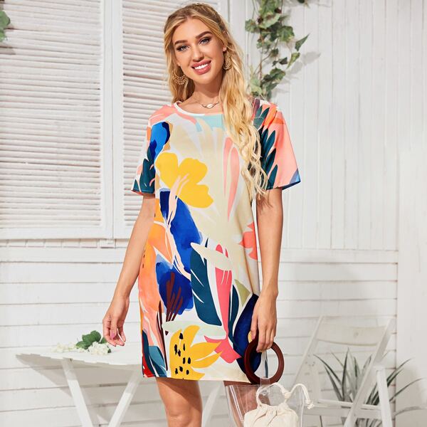 

Tropical Print Tie Back Tee Dress, Multicolor