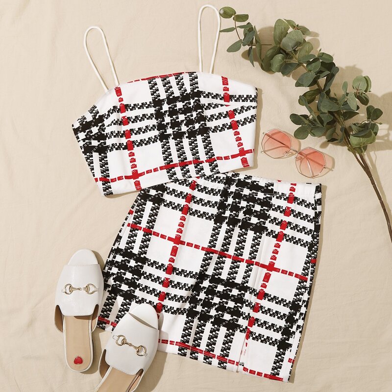 

Plaid Crop Cami Top & Split Hem Skirt Set, Black and white