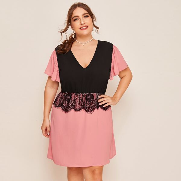 

Plus Two Tone Contrast Lace Butterfly Sleeve Dress, Multicolor