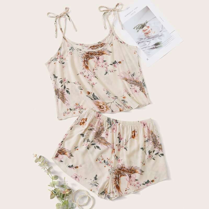 Floral Print Knotted Cami PJ Set, Beige
