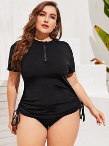 SHEIN Swim Curve Plus Solid Tankini Set Short Sleeve Half Placket Tie Side Swim Shirt & Hipster Bottom 2 Piece Bathing Suit - Black - View 1