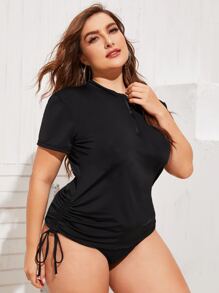 SHEIN Swim Curve Plus Solid Tankini Set Short Sleeve Half Placket Tie Side Swim Shirt & Hipster Bottom 2 Piece Bathing Suit - Black - View 3