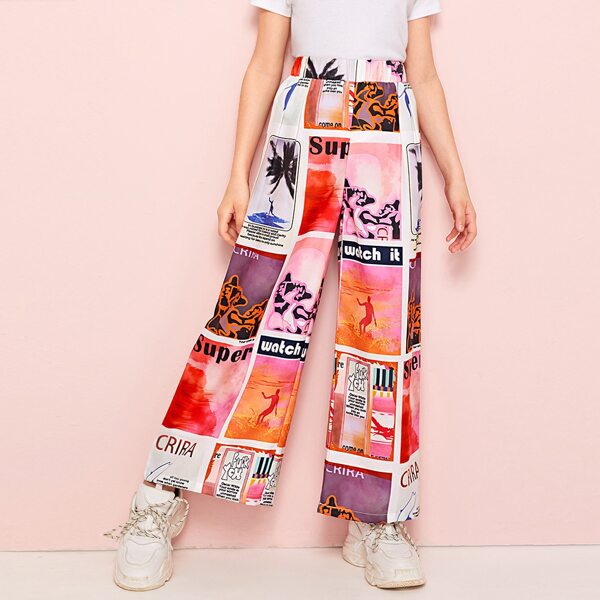 

Girls Mixed Print Wide Leg Pants, Multicolor