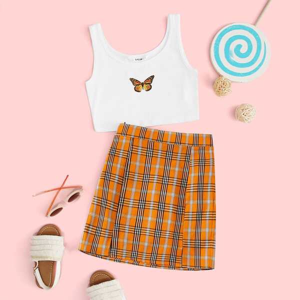 

Girls Butterfly Print Tank Top and Tartan Skirt Set, Multicolor