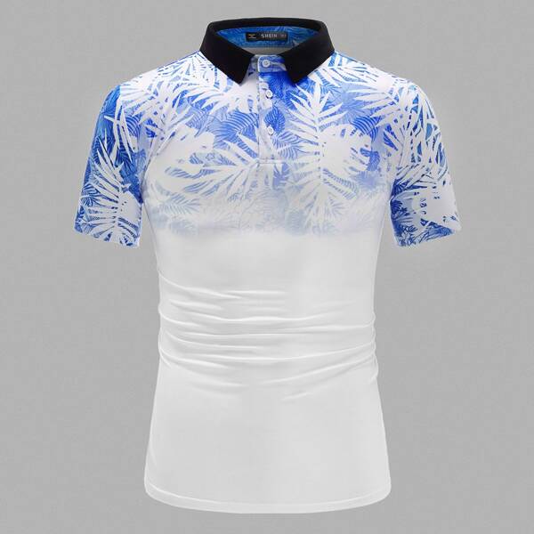 

Men Contrast Collar Tropical Print Polo Shirt, White