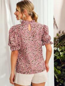SHEIN 小高領荷葉邊小碎花花卉上衣 - 粉色 - 查看 2