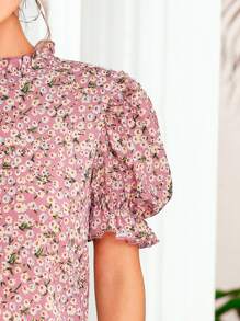 SHEIN 小高領荷葉邊小碎花花卉上衣 - 粉色 - 查看 3