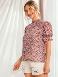 SHEIN 小高領荷葉邊小碎花花卉上衣 - 粉色 - 查看 4