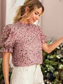 SHEIN 小高領荷葉邊小碎花花卉上衣 - 粉色 - 查看 1