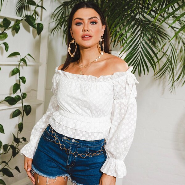

Off Shoulder Ruffle Trim Knot Detail Embroidery Peplum Top, White