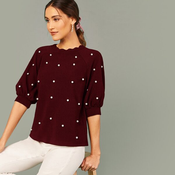 

Scallop Edge Pearl Beaded Raglan Sleeve Top, Burgundy