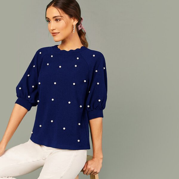 

Scallop Edge Pearl Beaded Raglan Sleeve Top, Blue