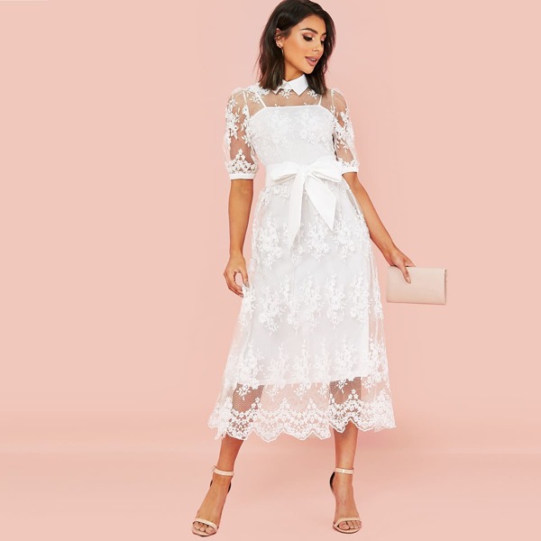 

Puff Sleeve Embroidered Mesh Belted Dress With Camisole, White