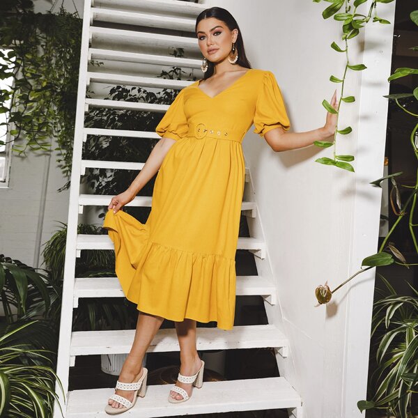 

Puff Sleeve Flounce Hem Buckle Belted Dress, Yellow bright