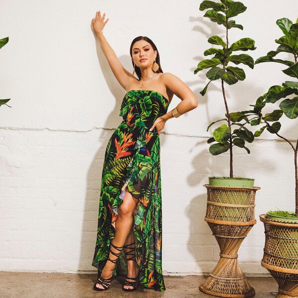 

Ruffle Trim Asymmetrical Hem Tropical Print Tube Dress, Multicolor