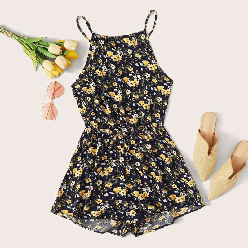 

Tie Waist Ditsy Floral Romper, Multicolor