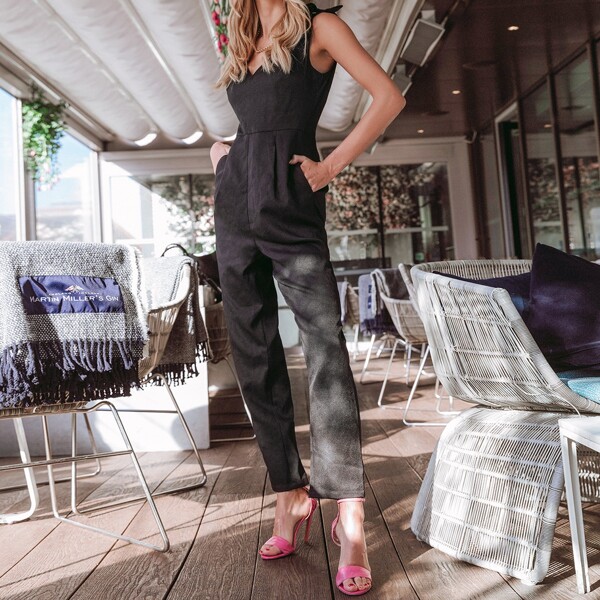 

Knotted Shoulder Lace Back Tank Jumpsuit, Black