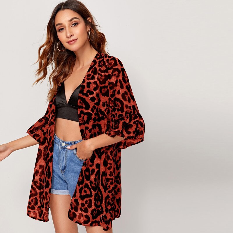 

Open Front Flounce Sleeve Leopard Kimono, Multicolor