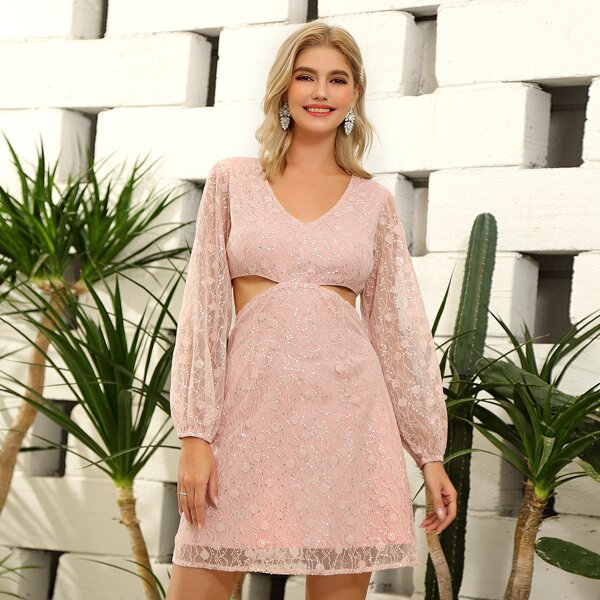 

Lantern Sleeve Cut-out Sequin Lace Dress, Pink