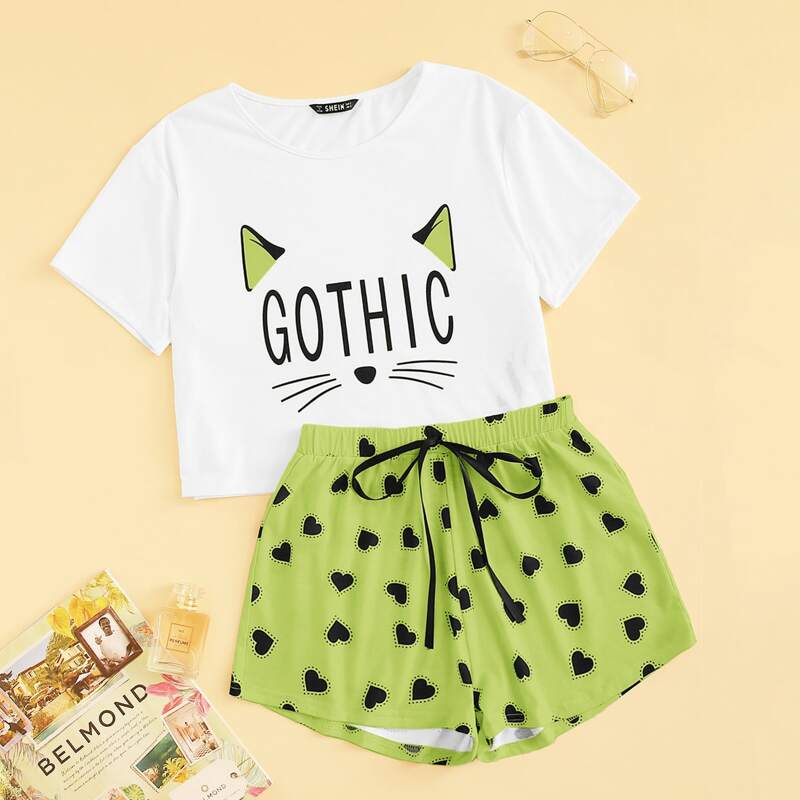 

Cartoon Graphic Top & Tie Waist Heart Shorts PJ Set, Multicolor