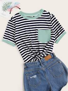 SHEIN EZwear Camiseta ringer de rayas con bolsillo - Multicolor - Ver 1