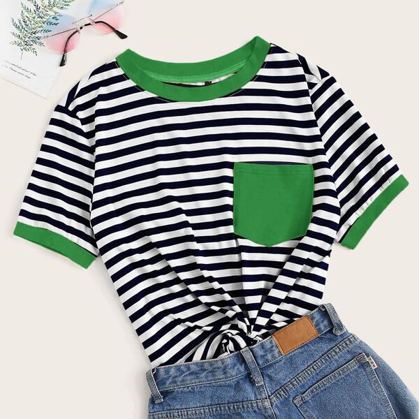 

Pocket Patched Striped Ringer Tee, Black and white