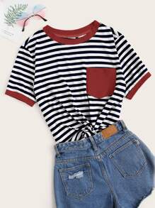 SHEIN EZwear Camiseta ringer de rayas con bolsillo - Multicolor - Ver 1