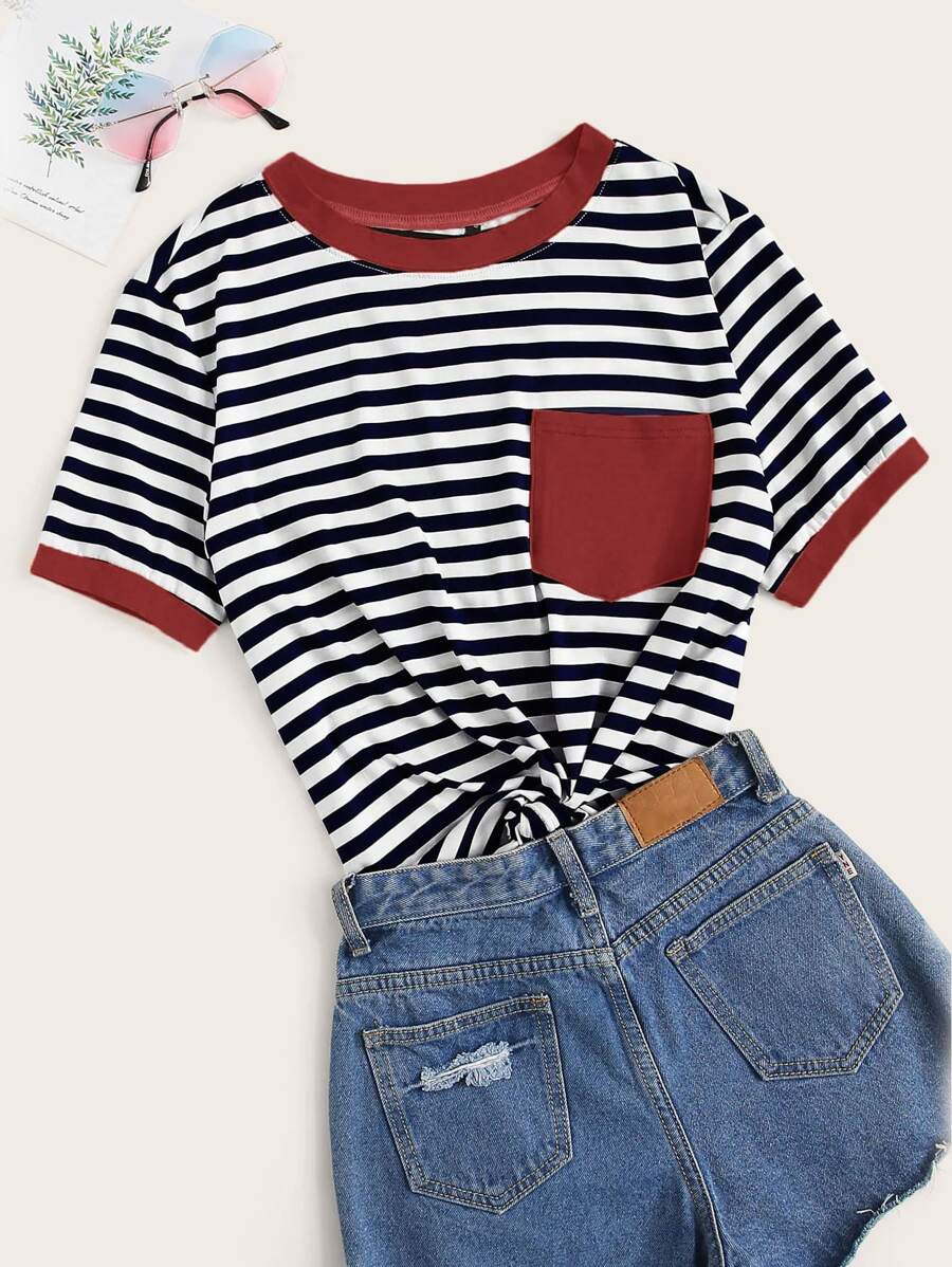 SHEIN EZwear Camiseta ringer de rayas con bolsillo - Multicolor - Ver 1