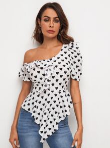 SHEIN 不對稱領心形圖案荷葉邊下擺上衣 - 白色 - 查看 3