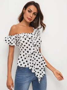 SHEIN 不對稱領心形圖案荷葉邊下擺上衣 - 白色 - 查看 1