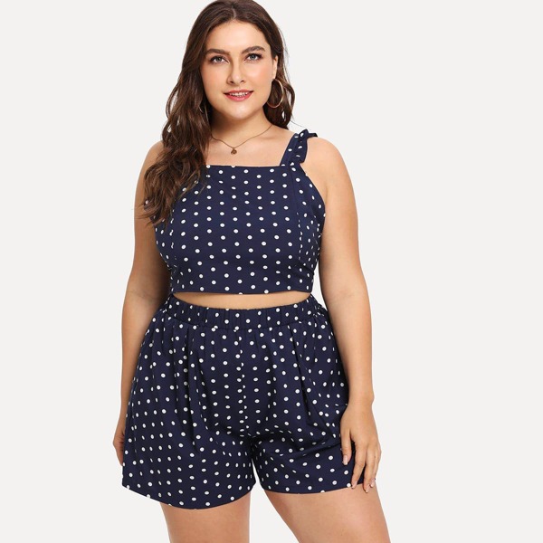

Plus Polka Dot Frill Trim Tie Back Cami & Shorts, Navy blue
