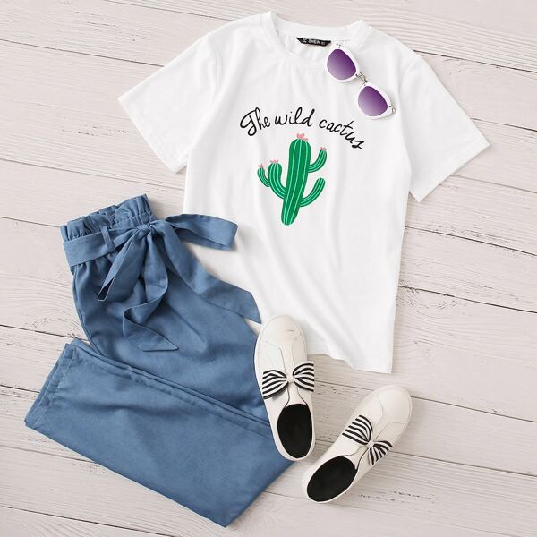 

Cactus and Slogan Graphic Top & Paperbag Waist Pants Set, Multicolor