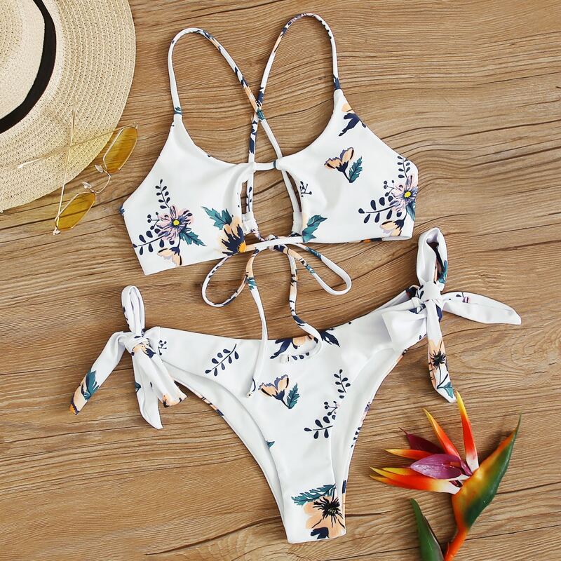

Floral Criss Criss Tie Side Bikini Swimsuit, White