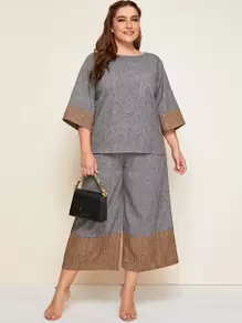 Plus Colourblock Linen Look Top & Culotte Trousers Set - Grey - View 1