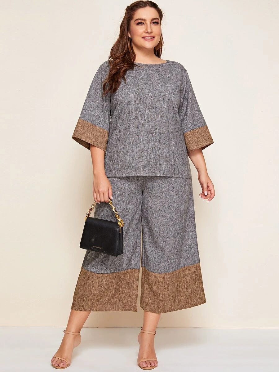 Plus Colourblock Linen Look Top & Culotte Trousers Set - Grey - View 1