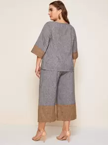 Plus Colourblock Linen Look Top & Culotte Trousers Set - Grey - View 2