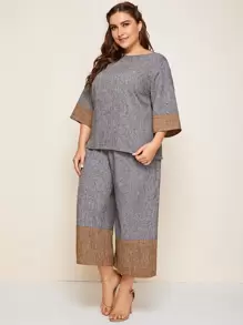 Plus Colourblock Linen Look Top & Culotte Trousers Set - Grey - View 3