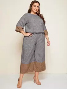 Plus Colourblock Linen Look Top & Culotte Trousers Set - Grey - View 4